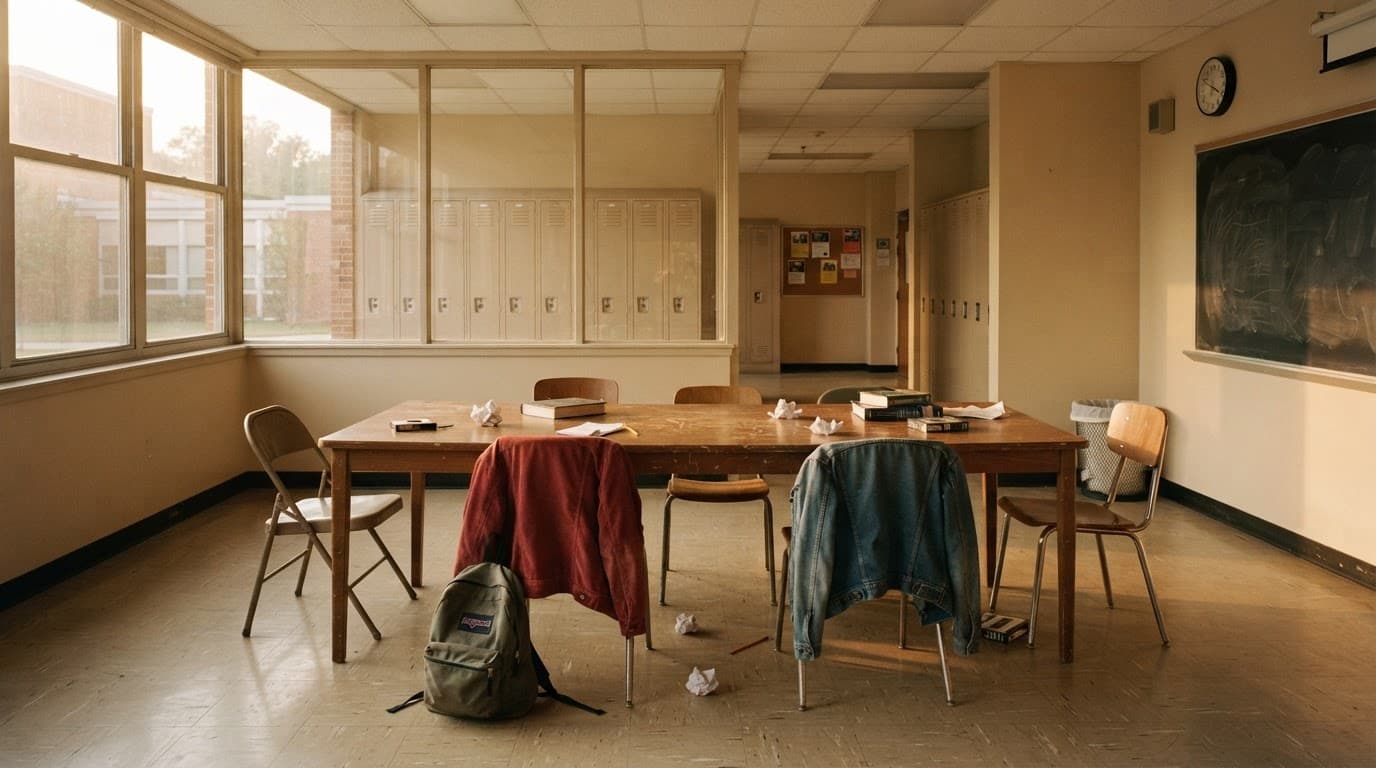 Five chairs and abandoned bags sit in a sunlit school detention room.
