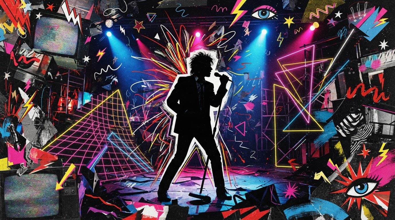 A performer silhouette surrounded by neon shapes and animated textures in a dramatic studio.