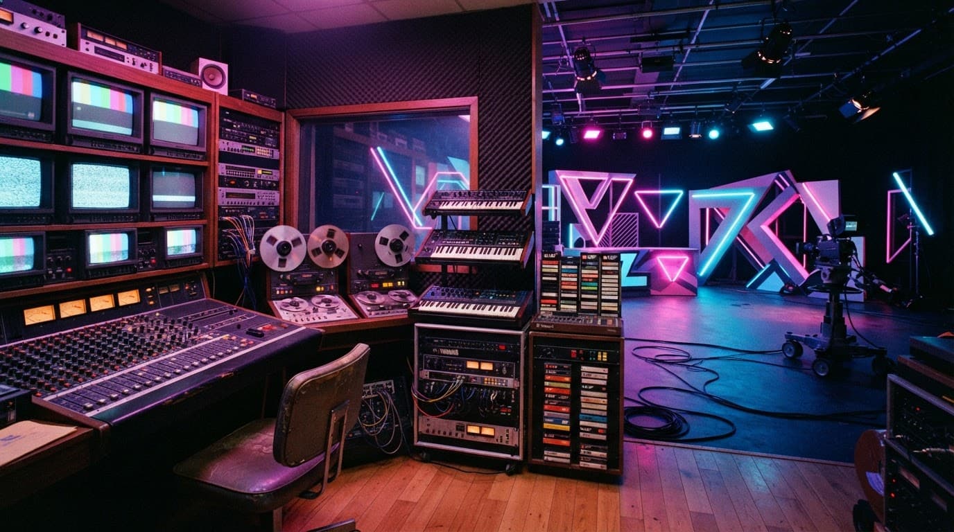Vintage broadcast equipment and a television monitor beside neon shapes in an empty studio.