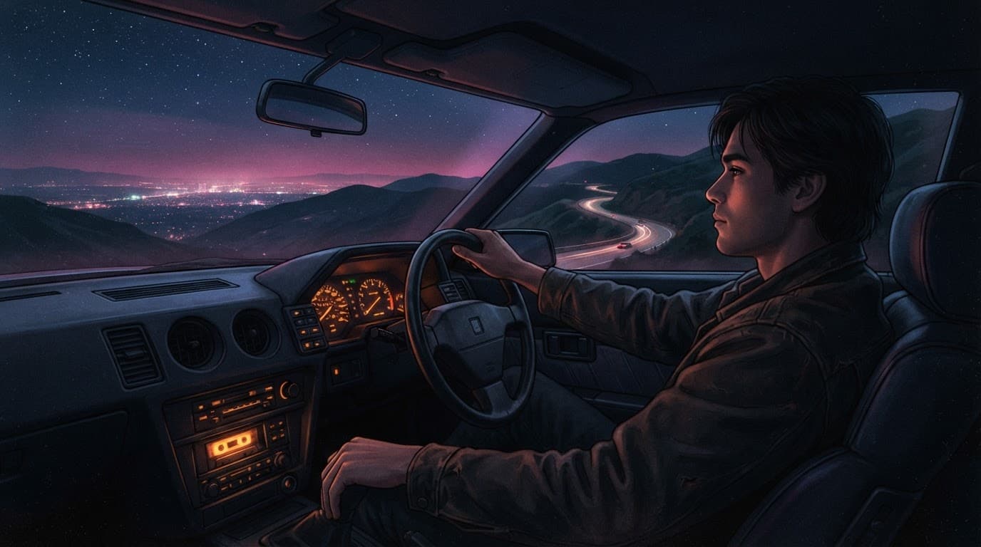 A classic car overlooks a winding road at night with one driver and glowing dashboard lights.