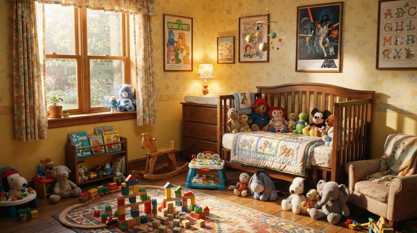 Cozy 1980s nursery with plush toys, building blocks, and warm sunlight.