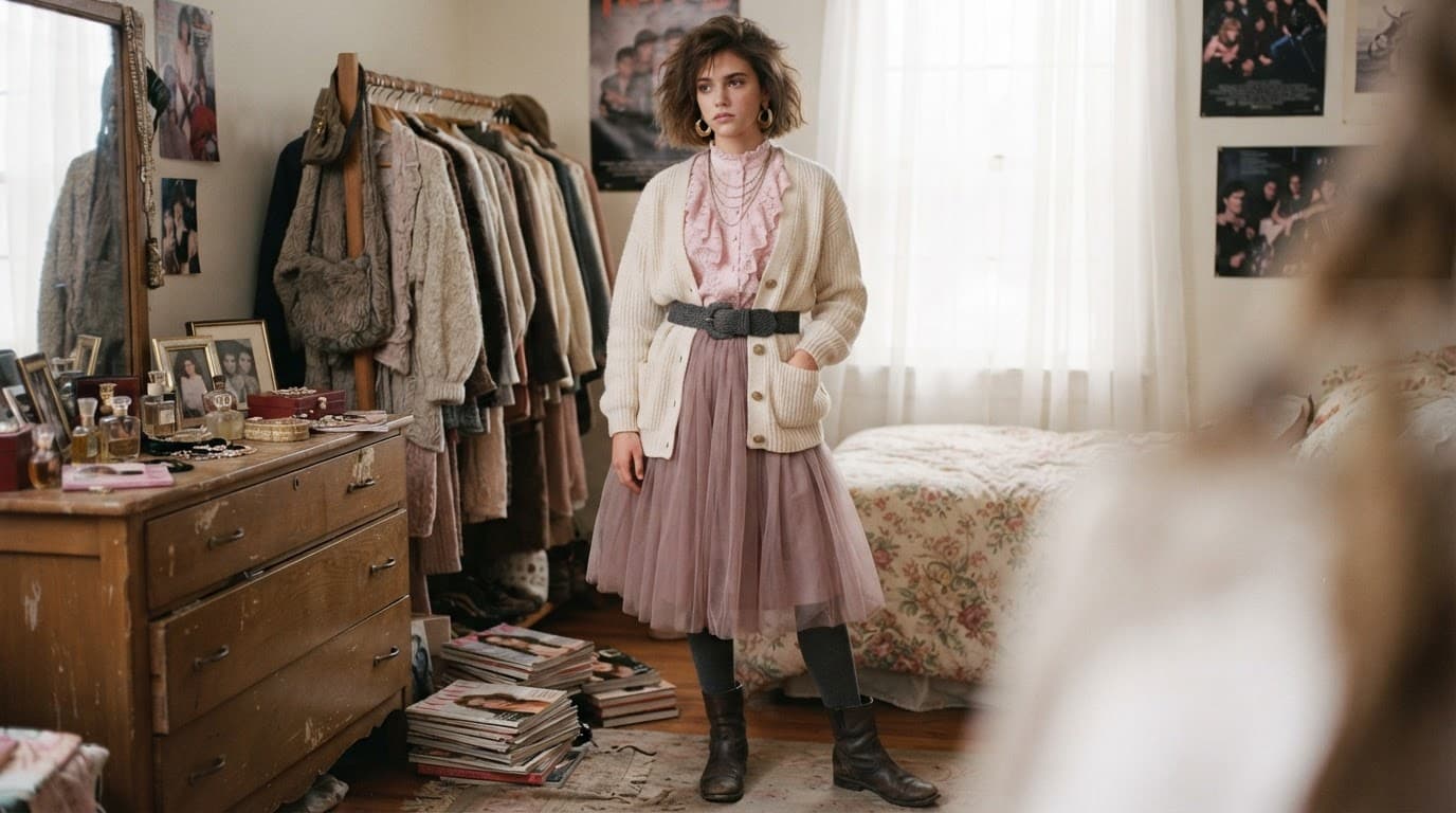Woman in a pink lace blouse and tulle skirt stands in a vintage bedroom.