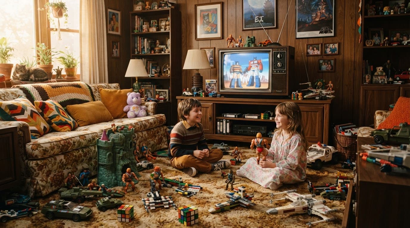 A wood-grain TV, colorful pillows, and vintage toys fill a warm 1980s living room.