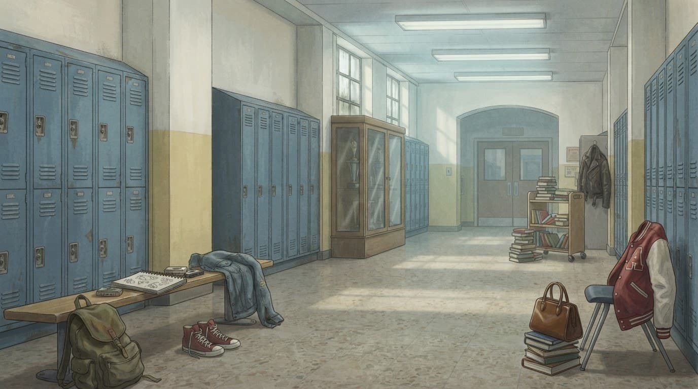 Empty 1980s school hallway with lockers, books, and personal belongings.