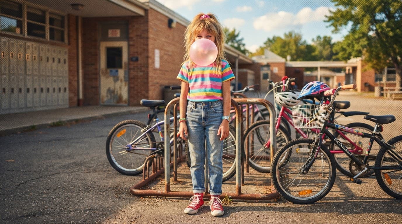 A child blows a large pink bubble beside bicycles in a sunny schoolyard.