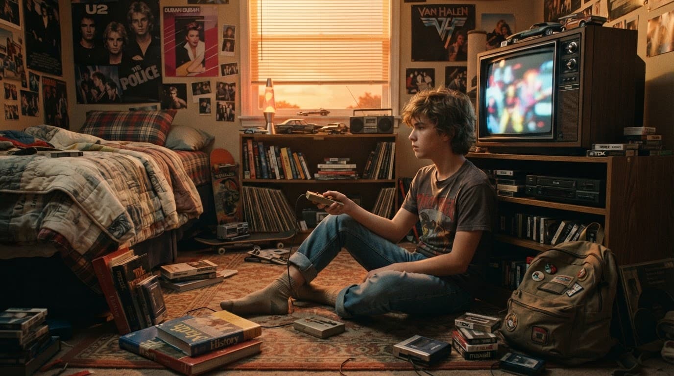 A teenager holds a remote beside a CRT television in a retro bedroom.