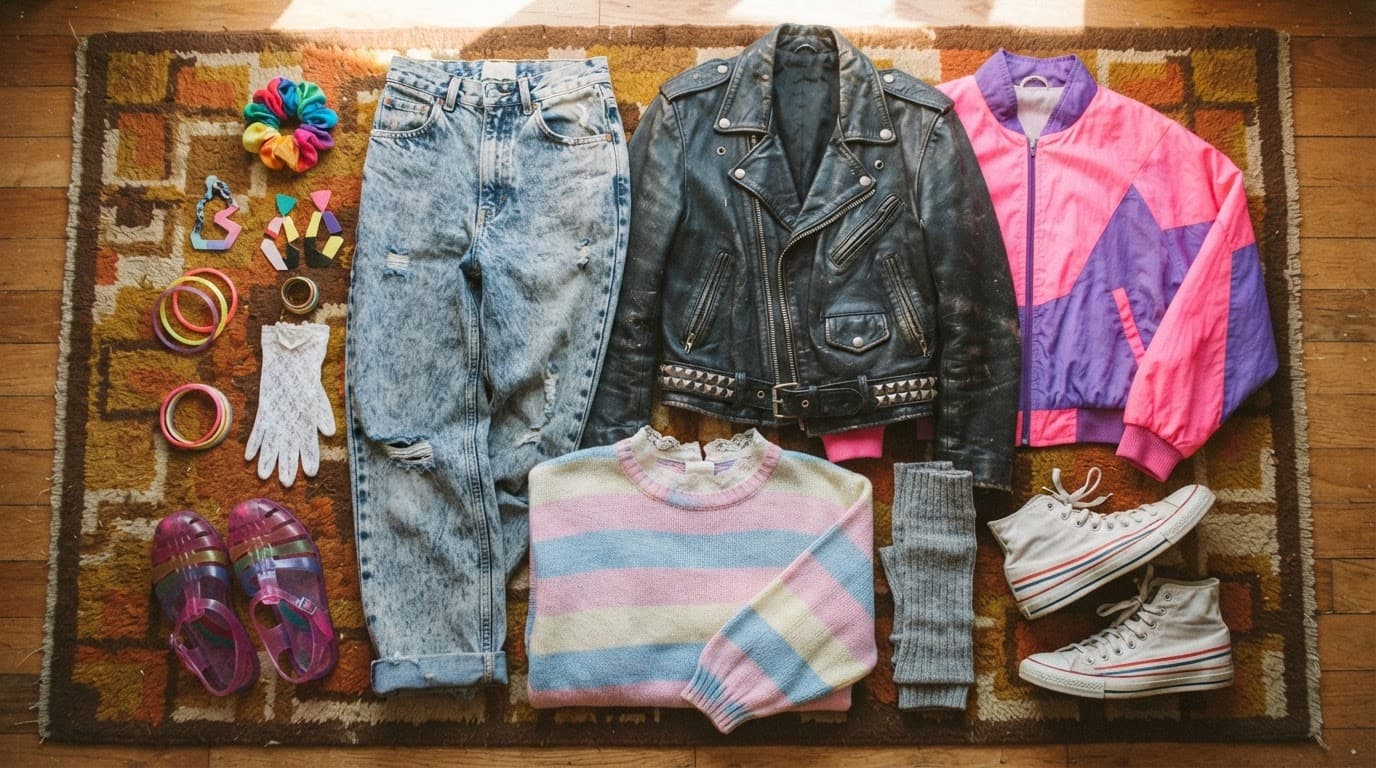 1980s clothing, shoes, and accessories arranged on a patterned floor.