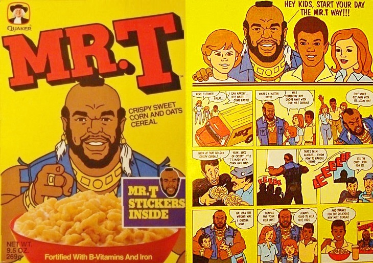 front and back of Mr. T Cereal with comic strip on back