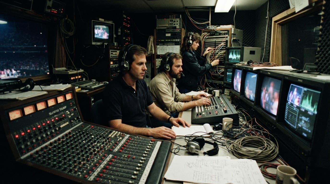 Three crew members operate an analog console beside glowing CRT screens. live aid 1985