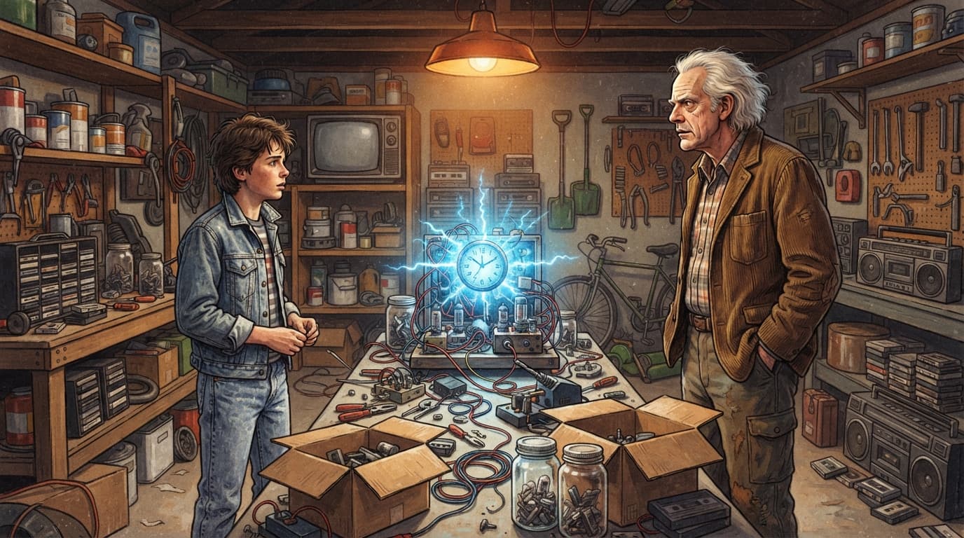 A boy and elderly inventor watch a glowing time machine in a cluttered garage. 1985 time travel movies