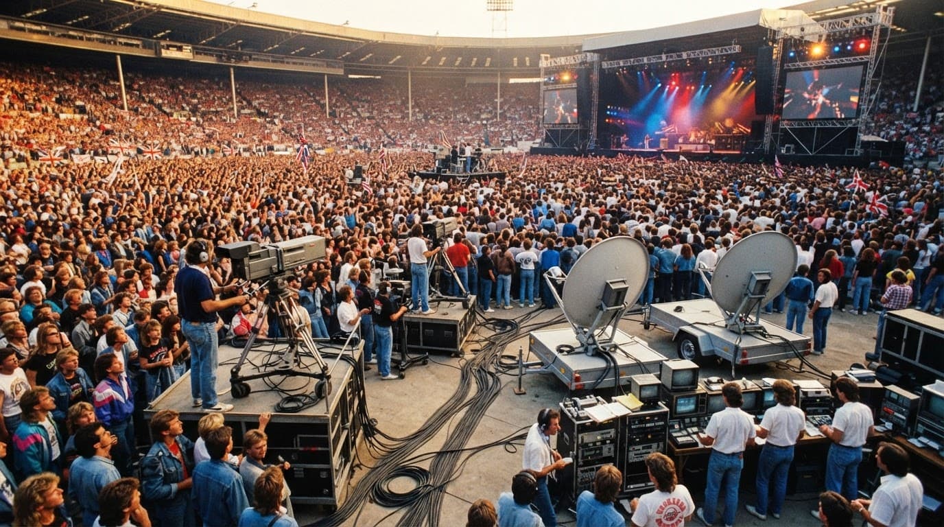 A crowded stadium faces a distant stage with cameras, satellite dishes, and colorful concert lights. live aid 1985