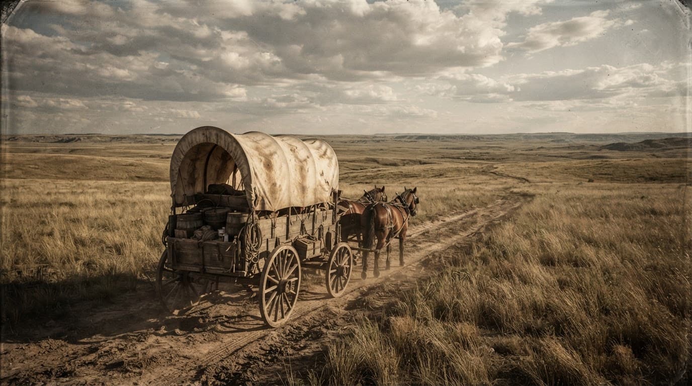 A wagon crossing a dusty prairie beneath a wide afternoon sky. Oregon Trail game dysentery