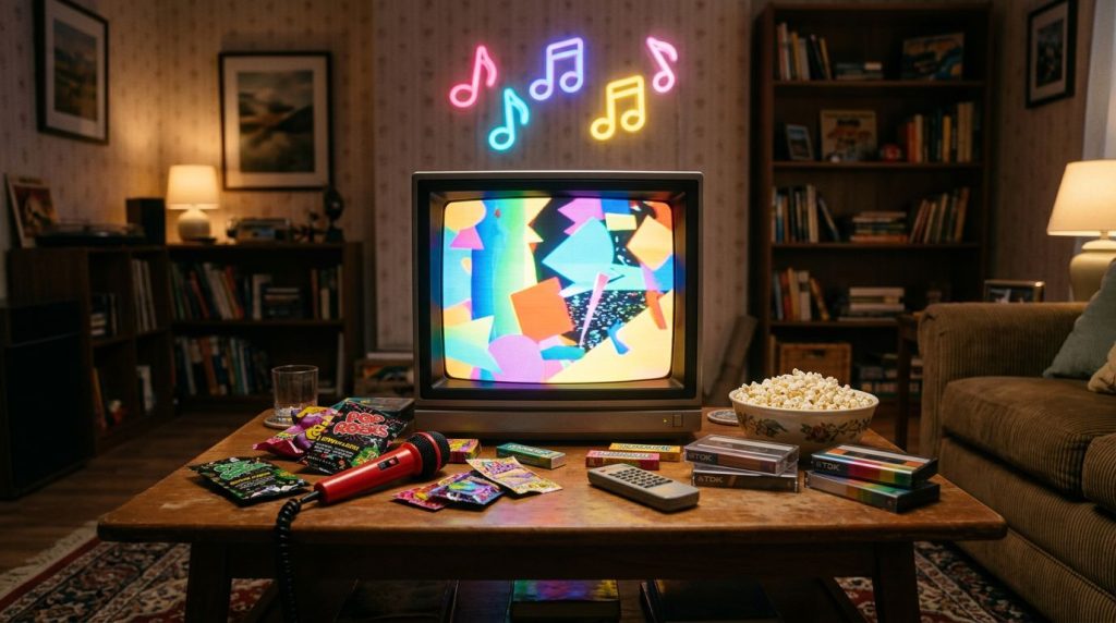 A glowing CRT television sits beside retro snacks, tapes, a toy microphone, and popcorn.