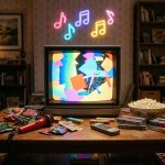 A glowing CRT television sits beside retro snacks, tapes, a toy microphone, and popcorn.