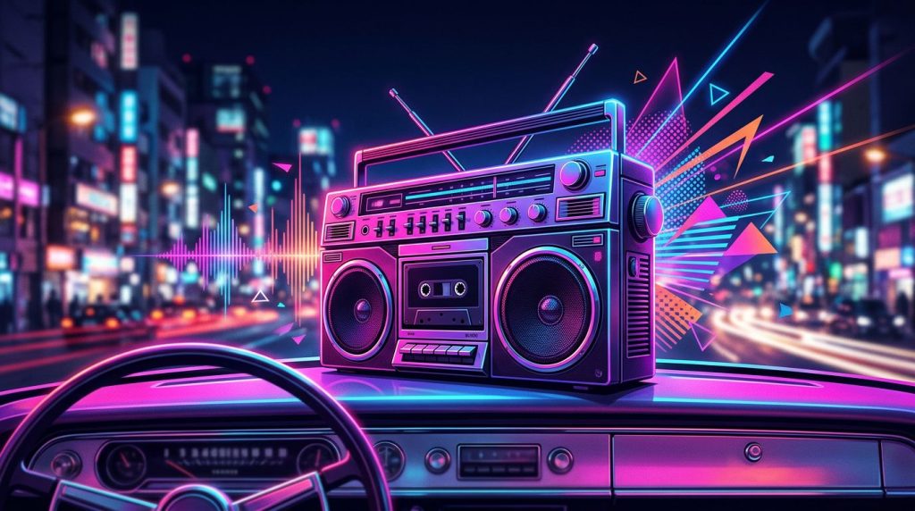 A glowing 1980s boombox with colorful sound waves against a blurred city at night.