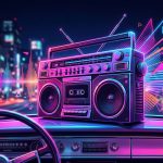A glowing 1980s boombox with colorful sound waves against a blurred city at night.