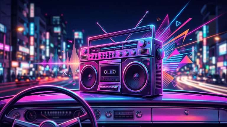 A glowing 1980s boombox with colorful sound waves against a blurred city at night.