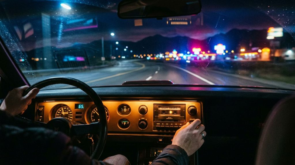 A hand adjusts a cassette player while an empty highway leads toward glowing mountains.
