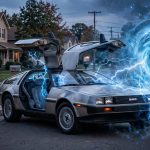 A teenager stands beside an open DeLorean surrounded by glowing blue energy at dusk.
