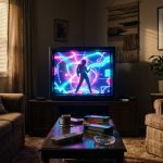A vintage TV shows neon music imagery above cassette tapes and a remote.