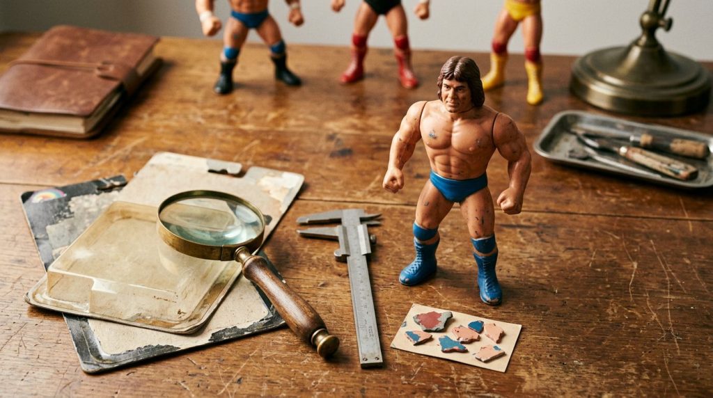 A vintage wrestling figure sits beside tools and old blister packaging on a wooden desk.