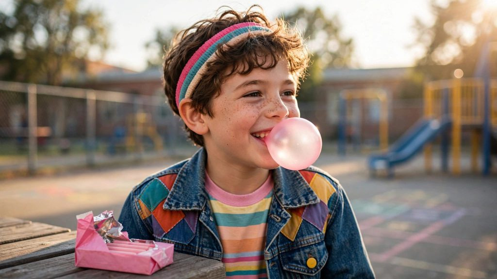 Child in colorful 1980s clothes blowing a large pink bubble outdoors.