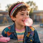 Child in colorful 1980s clothes blowing a large pink bubble outdoors.