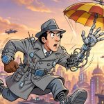 Inspector Gadget uses a mechanical arm while an umbrella helicopter opens above him.