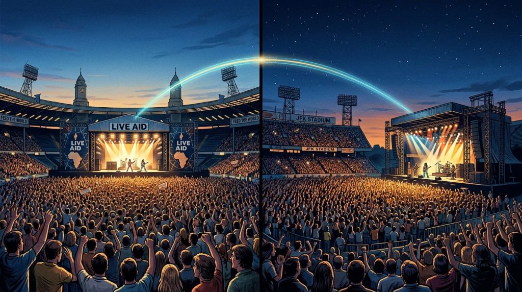 Wembley and JFK Stadiums filled with concert crowds and connected across the sky.