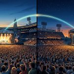 Wembley and JFK Stadiums filled with concert crowds and connected across the sky.