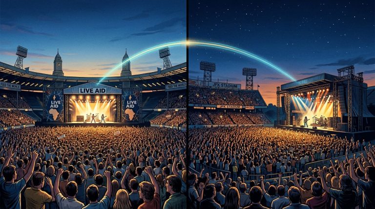 Wembley and JFK Stadiums filled with concert crowds and connected across the sky.