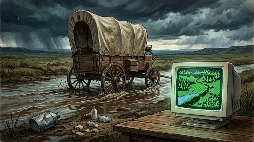 A wagon crosses a muddy river beside a glowing vintage computer and scattered medical supplies.