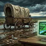 A wagon crosses a muddy river beside a glowing vintage computer and scattered medical supplies.