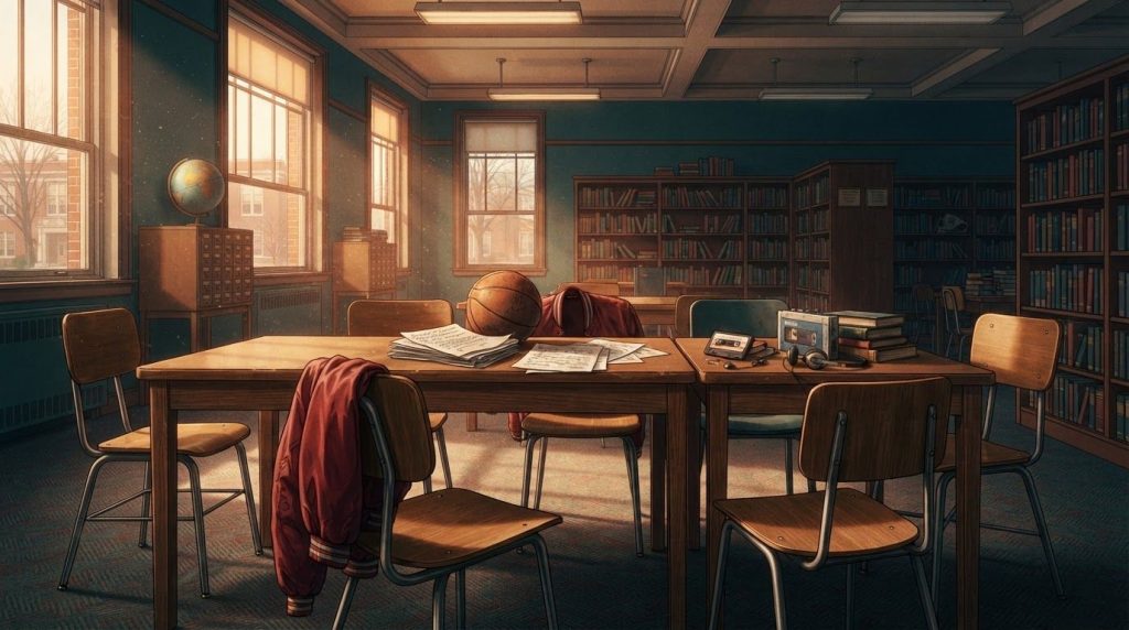 An empty school library with five chairs, scattered desks, a basketball, and a red jacket.