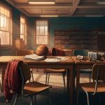 An empty school library with five chairs, scattered desks, a basketball, and a red jacket.