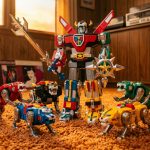 Voltron and five colorful lion toys posed together on a shag carpet.