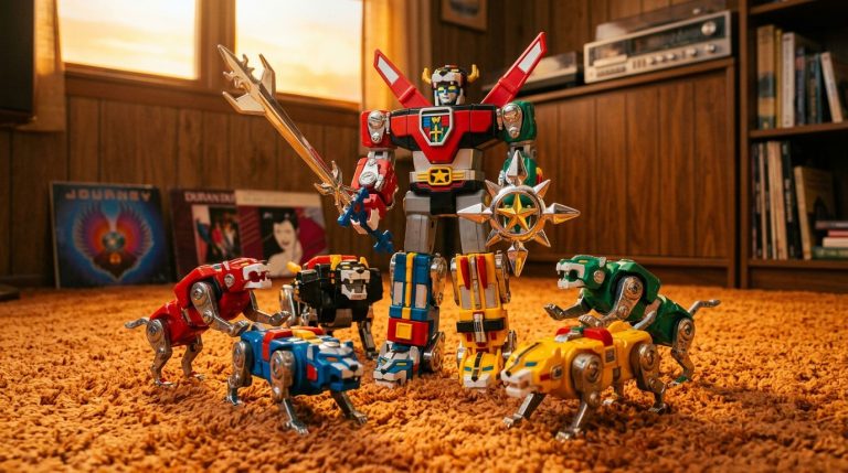 Voltron and five colorful lion toys posed together on a shag carpet.