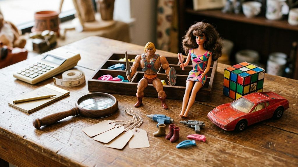 Vintage 1980s toys arranged on a thrift-store table with shopping tools.