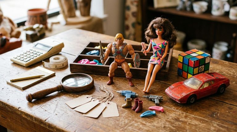 Vintage 1980s toys arranged on a thrift-store table with shopping tools.