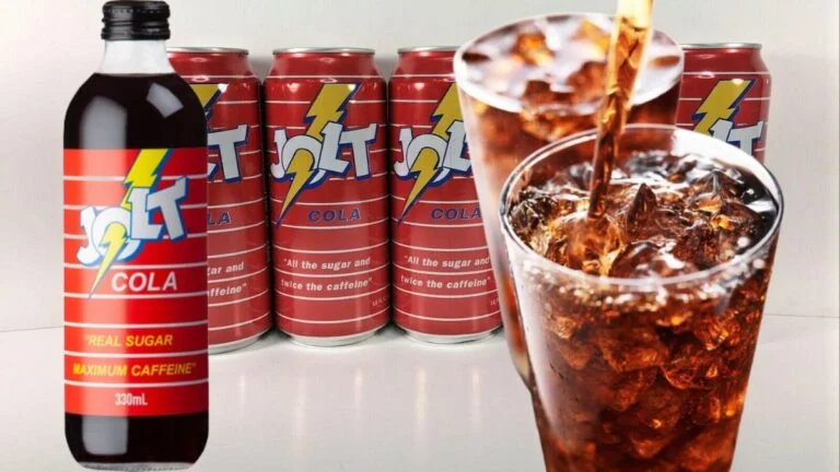 collage image of jolt cola in cans and bottles and poured in glasses