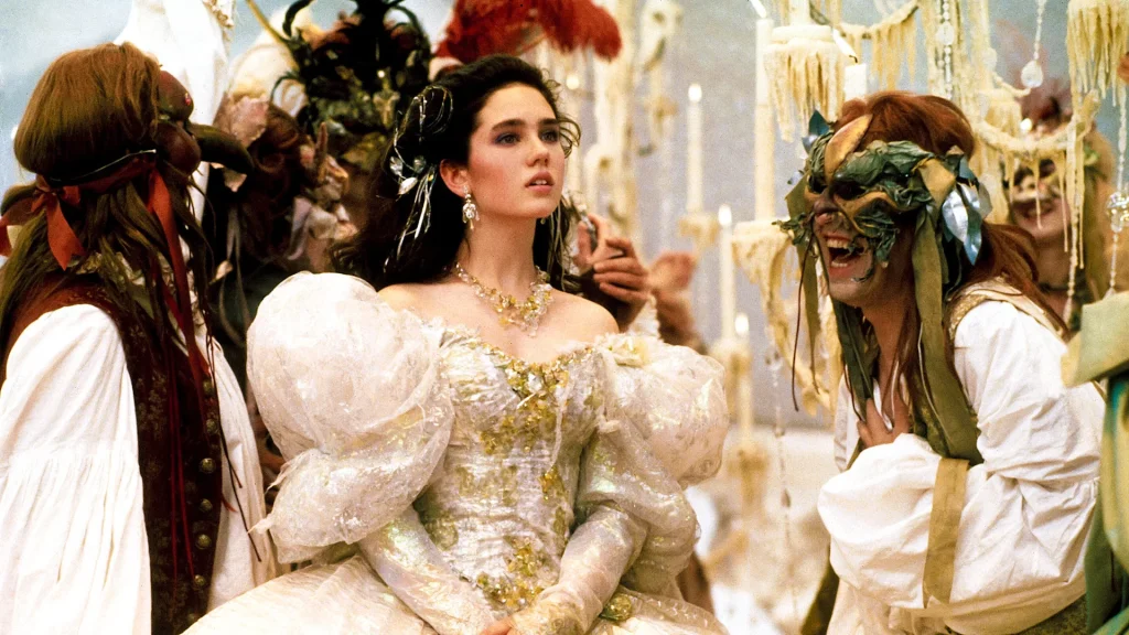 Sarah in a ball gown at the goblin king ball in Labyrinth David Bowie movie