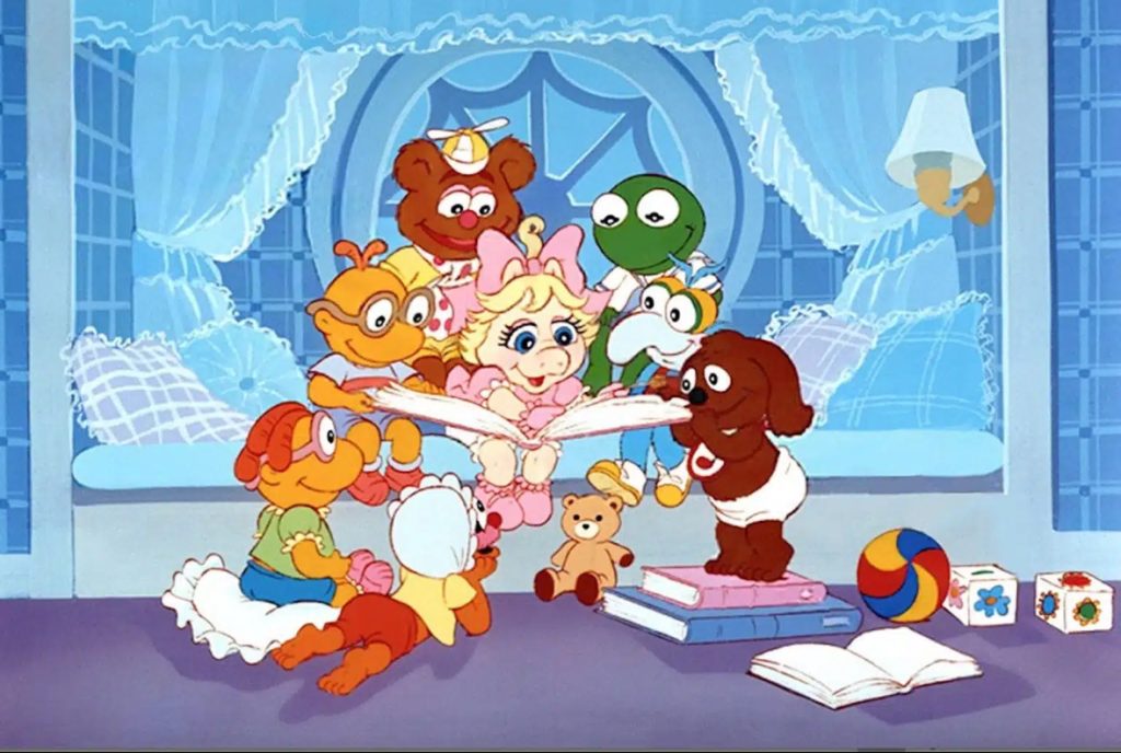 the muppet babies cartoon from the 80s with miss piggy reading everyone a story