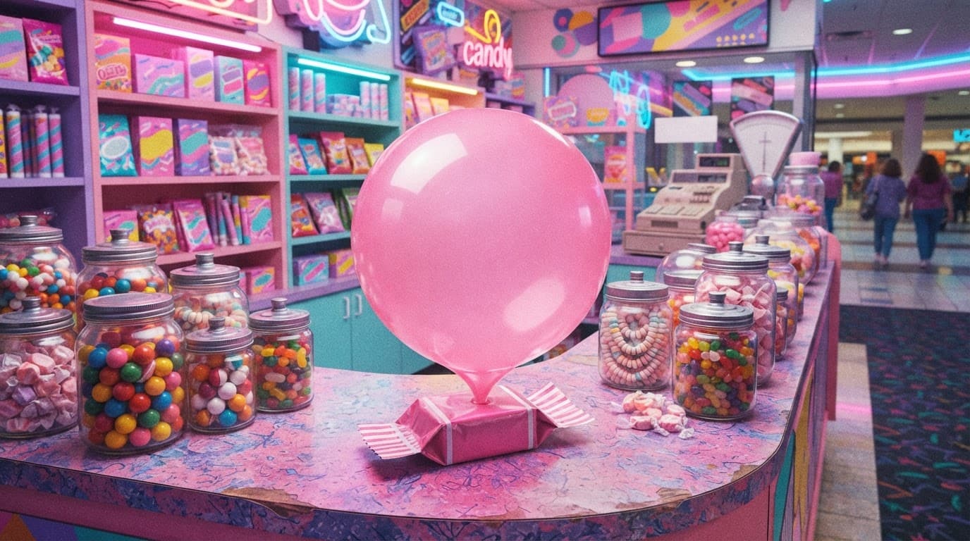 A giant pink bubblegum bubble floats above gum beside colorful candy jars and gumballs.