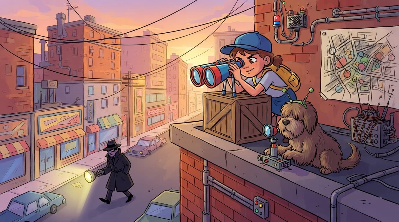 A girl and shaggy dog watch an inspector from a colorful rooftop.
