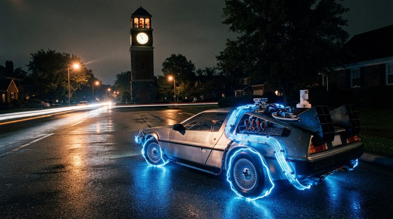 Stainless sports car with blue electrical arcs on a wet street near a clock tower that started the craze for 1985 time travel movies