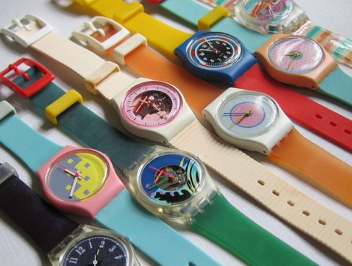 an 1980s swatch watches collection showing ultra vintage and retro designs
