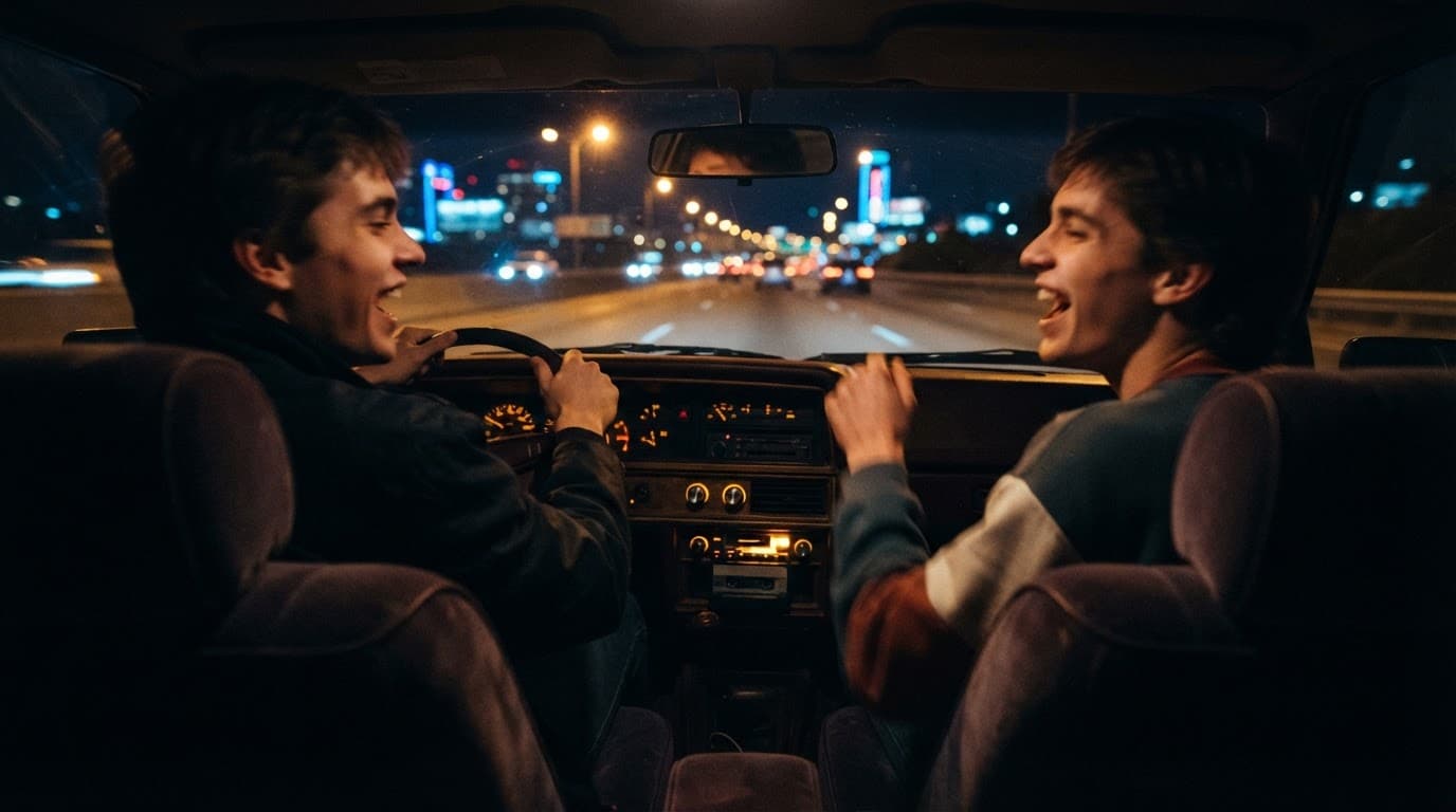 Two friends sing in a vintage car on a neon-lit highway at night.
