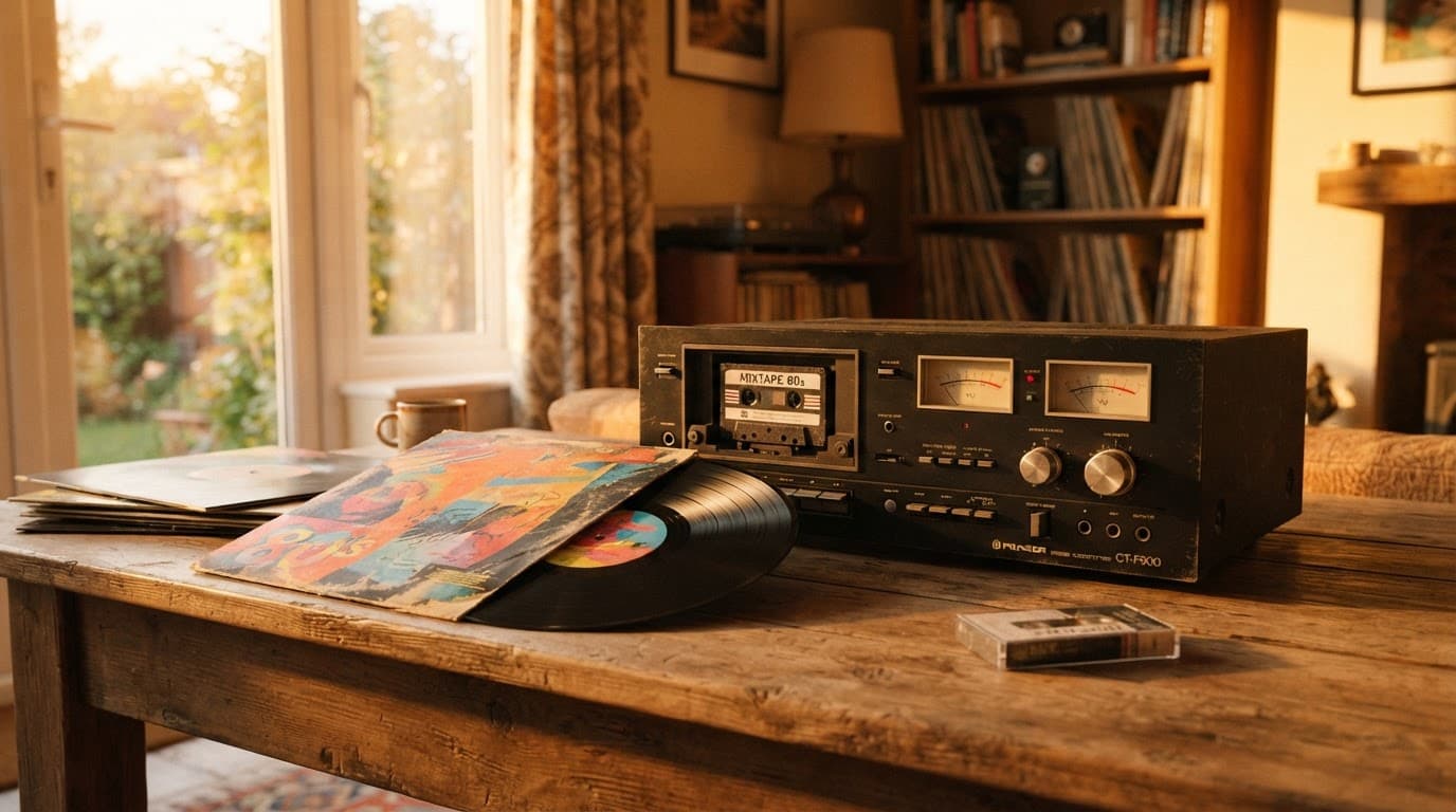 A cassette deck and colorful vinyl record on a wooden table in warm sunlight. 80s one-hit wonders music