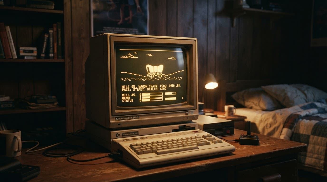 A vintage computer shows a pixelated wagon game on a glowing CRT monitor Oregon Trail game dysentery.