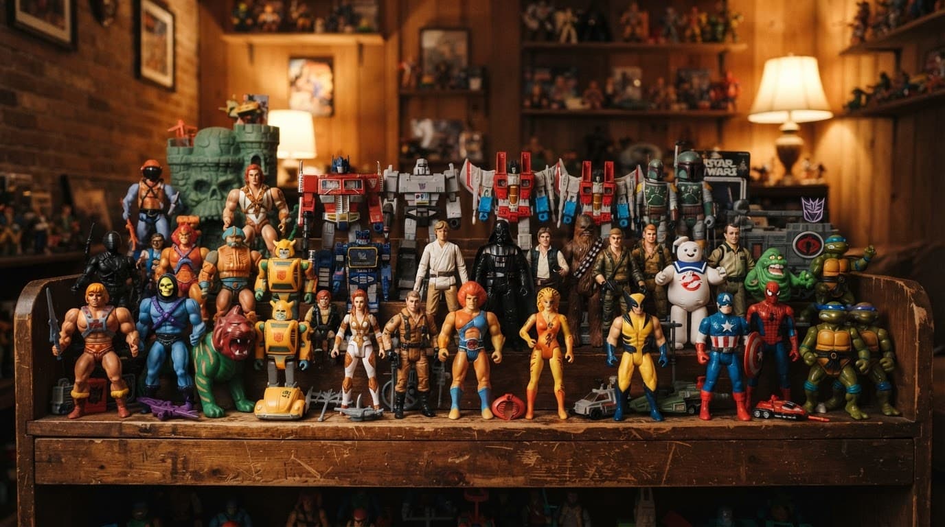 Colorful 1980s action figures and retro toys arranged on one wooden shelf.